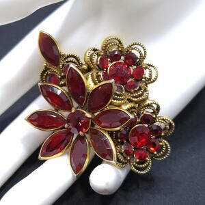Vintage Red Rhinestone Floral Brooch Gold Tone Garnet Glass Pin